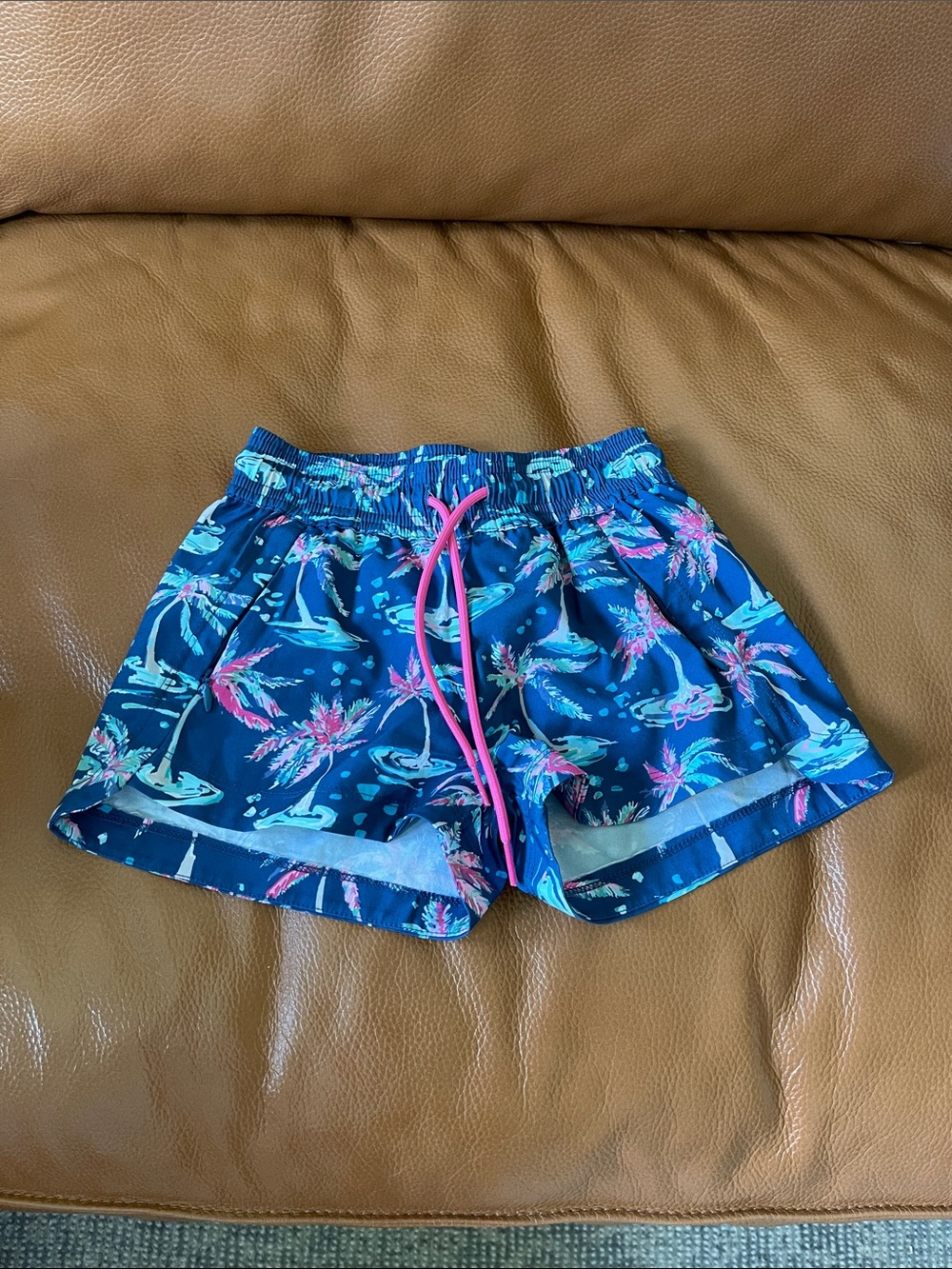 Navy Tropical-Print Kids Shorts with Pink Drawstring